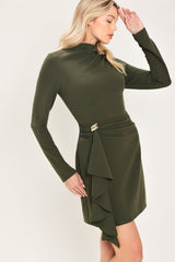 OLIVE ATTITUDE DARK OLIVE FUNNEL-NECK RUFFLE MINI DRESS - Flying Tomato - Flyclothing LLC