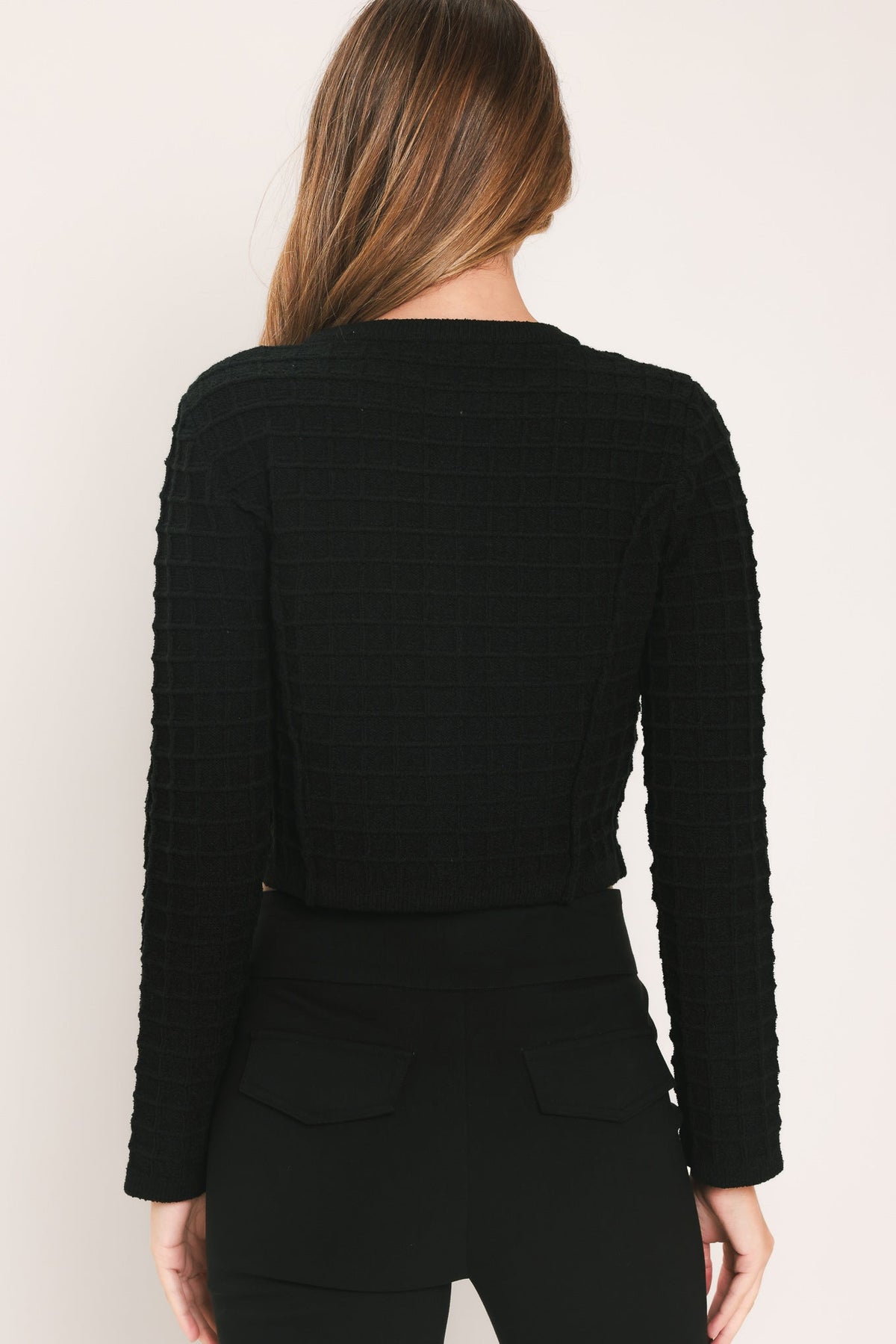 POLISHED MOMENT BLACK JEWEL-BUTTON CROPPED SWEATER TOP - Flying Tomato - Flyclothing LLC