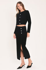 POLISHED MOMENT BLACK JEWEL-BUTTON CROPPED SWEATER TOP - Flying Tomato - Flyclothing LLC