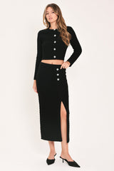 POLISHED MOMENT BLACK JEWEL-BUTTON CROPPED SWEATER TOP - Flying Tomato - Flyclothing LLC