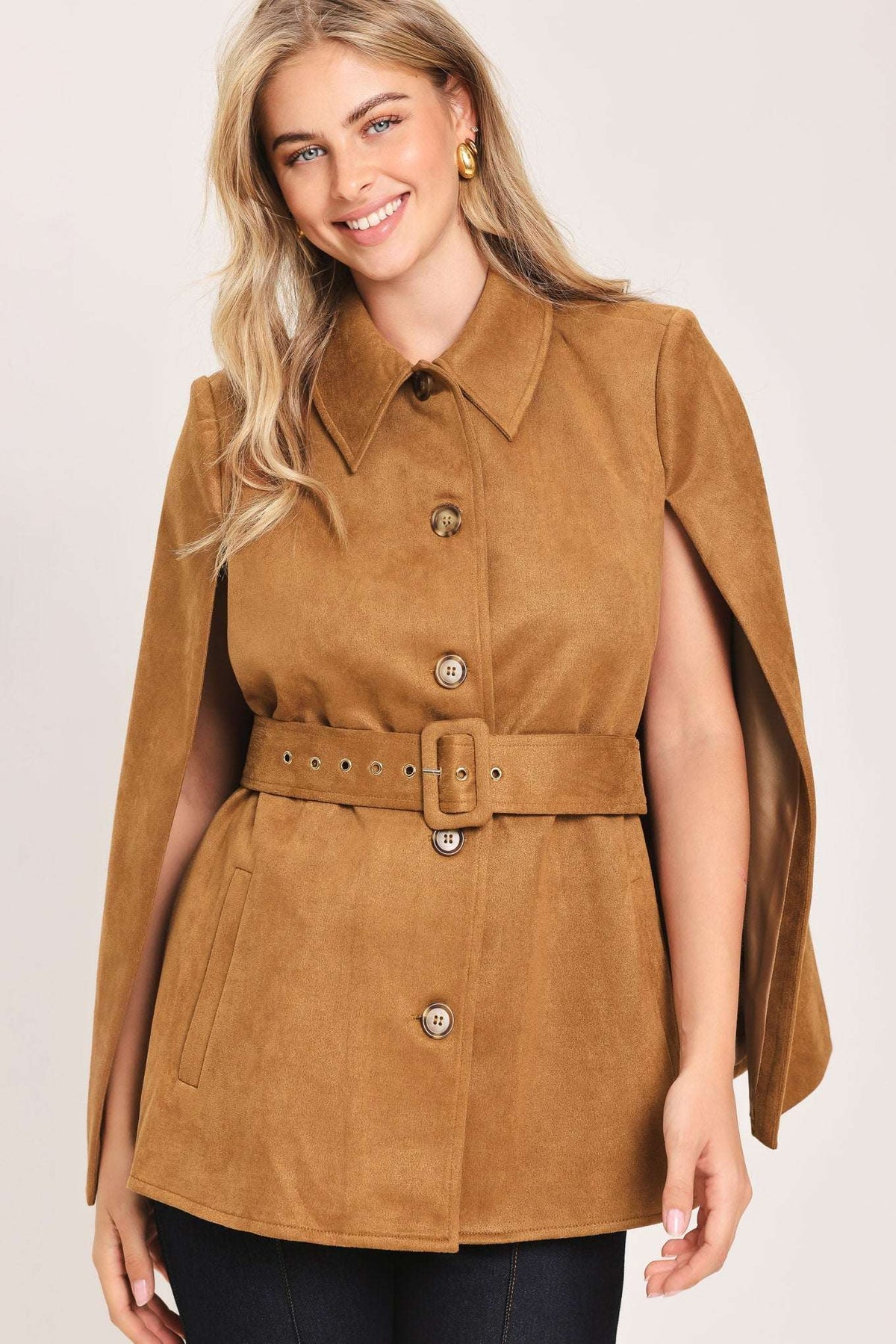 CAMEL CHIC CAMEL FAUX SUEDE BELTED CAPELET JACKET - Flying Tomato - Flyclothing LLC