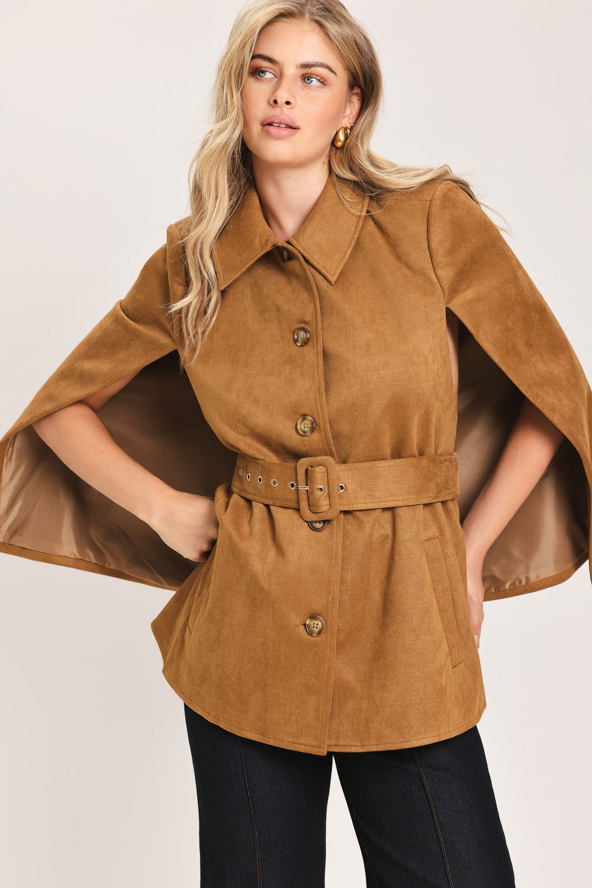 CAMEL CHIC CAMEL FAUX SUEDE BELTED CAPELET JACKET - Flying Tomato - Flyclothing LLC