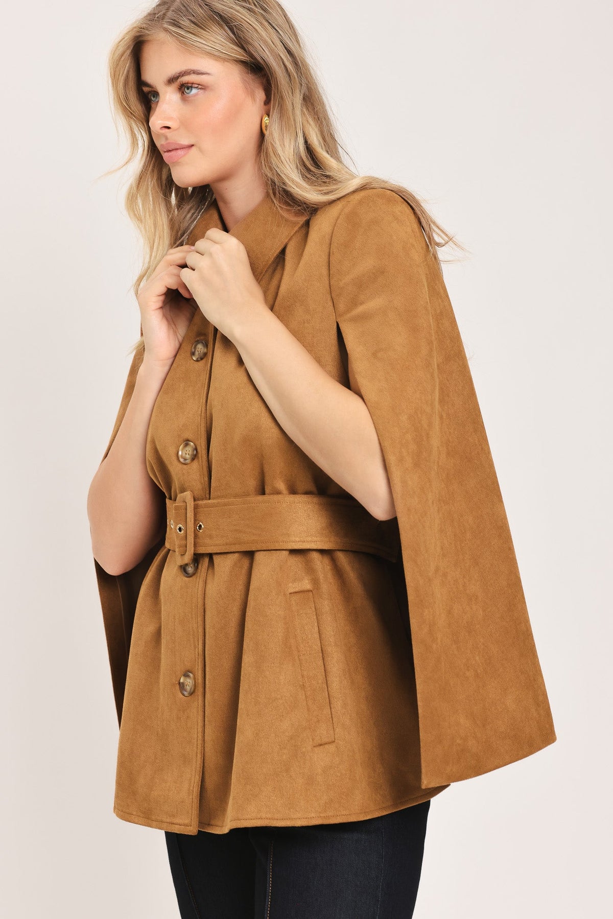 CAMEL CHIC CAMEL FAUX SUEDE BELTED CAPELET JACKET - Flying Tomato - Flyclothing LLC