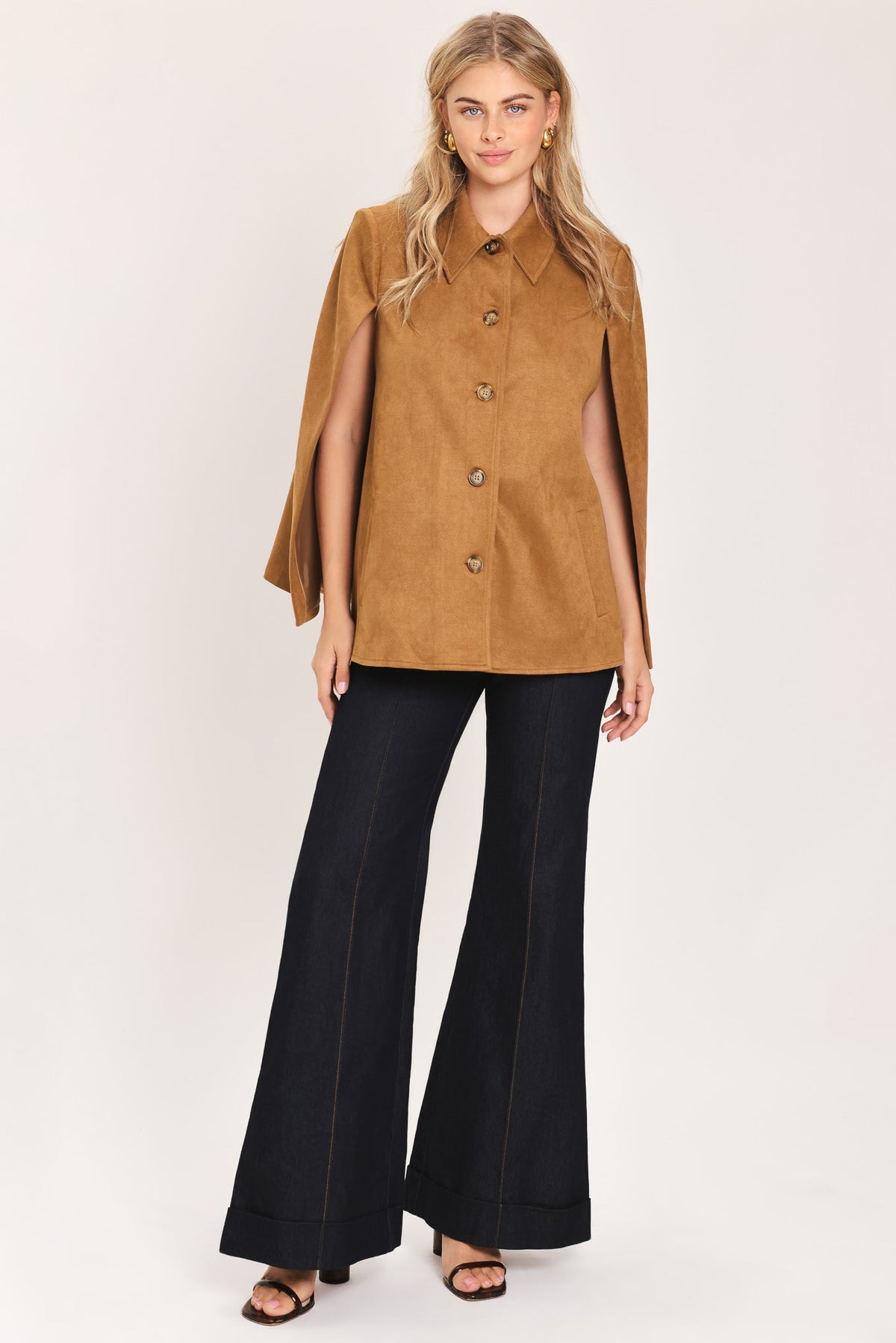 CAMEL CHIC CAMEL FAUX SUEDE BELTED CAPELET JACKET - Flying Tomato - Flyclothing LLC