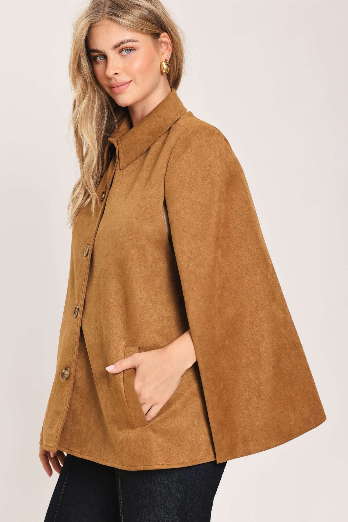 CAMEL CHIC CAMEL FAUX SUEDE BELTED CAPELET JACKET - Flying Tomato - Flyclothing LLC