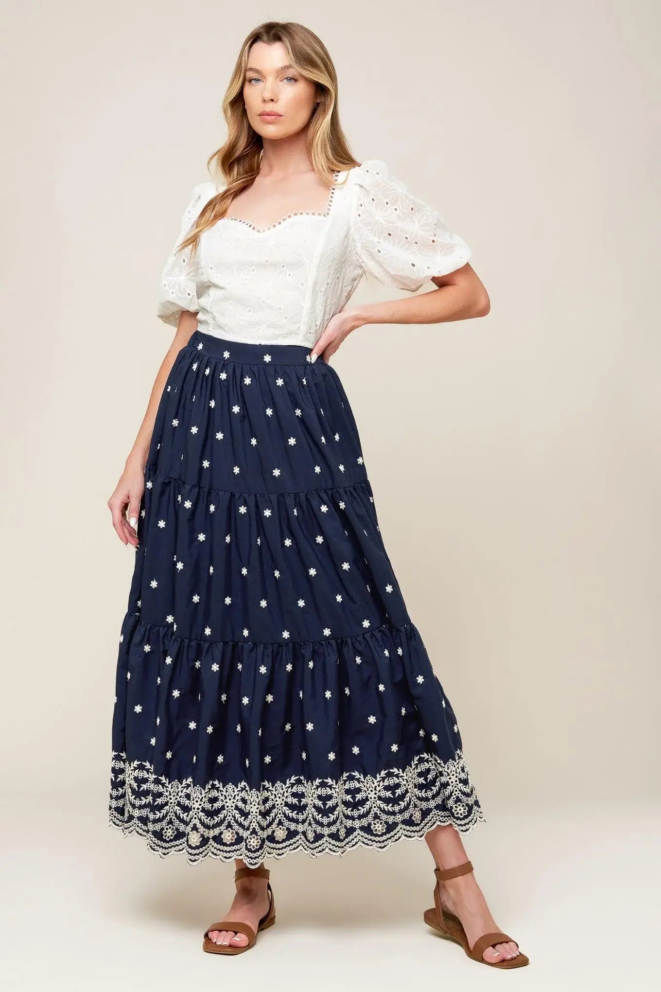 BEBE ALERT NAVY WOVEN MIDI SKIRT - Flying Tomato - Flyclothing LLC