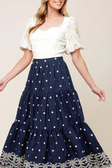BEBE ALERT NAVY WOVEN MIDI SKIRT - Flying Tomato - Flyclothing LLC
