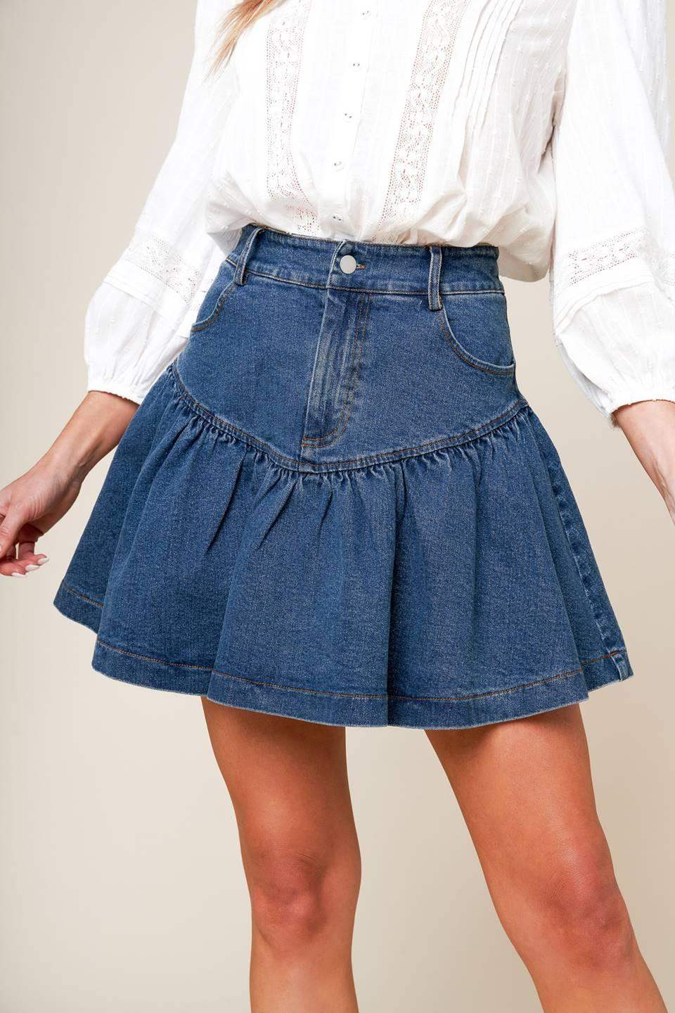 FENICIA INDIGO DENIM MINI SKORT - Flying Tomato - Flyclothing LLC