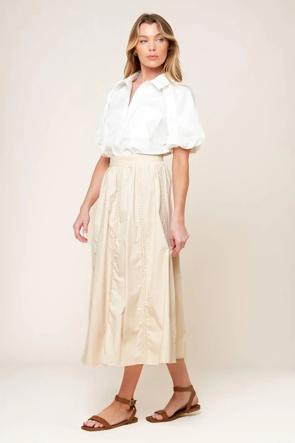 LAYTON CREAM WOVEN MIDI SKIRT - Flying Tomato - Flyclothing LLC