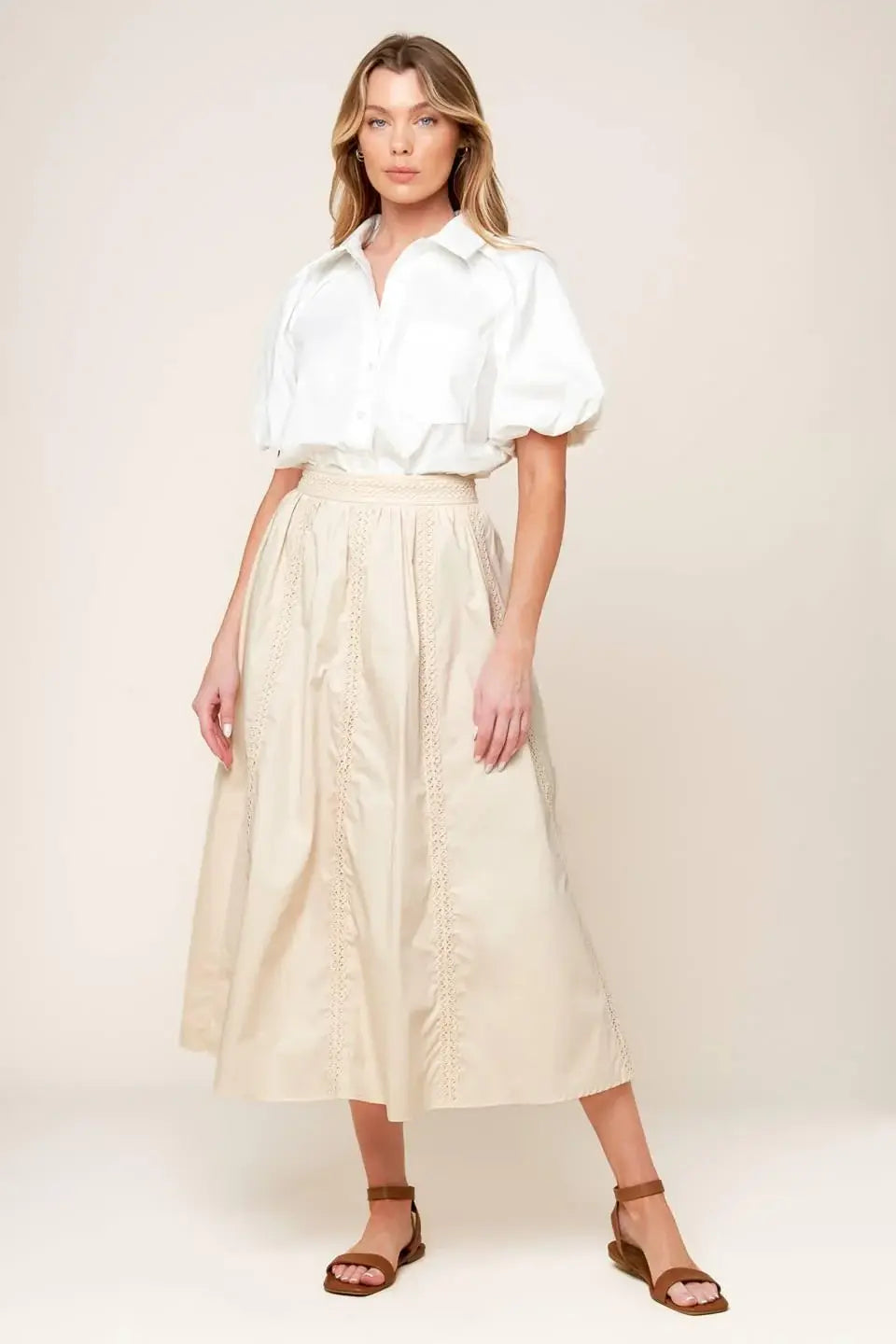 LAYTON CREAM WOVEN MIDI SKIRT - Flying Tomato - Flyclothing LLC