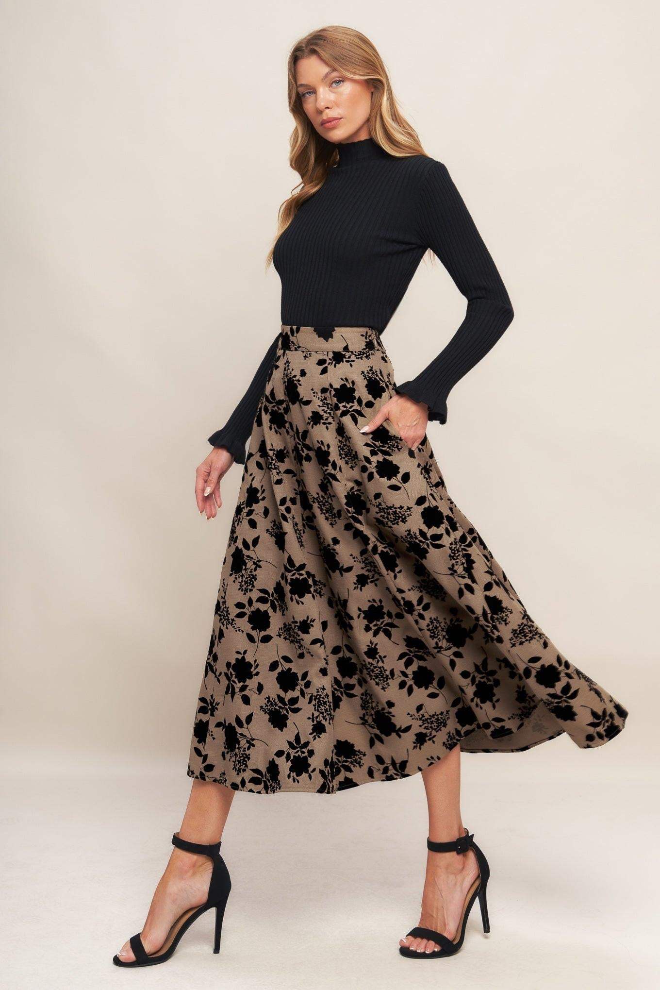 CLASSIC BLOOM LOOK WOVEN FLOCKING CIRCLE SKIRT - Flying Tomato - Flyclothing LLC