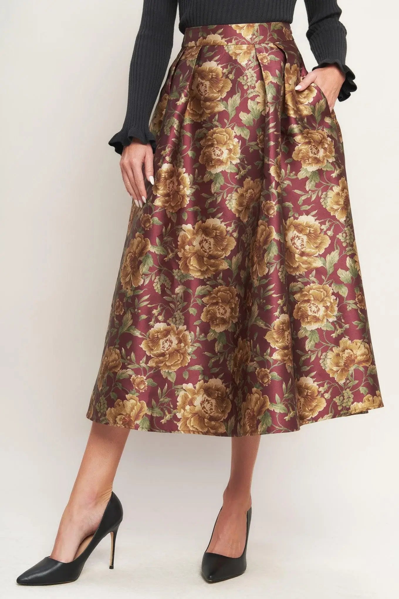 EVENING BOTANICALS WOVEN FULL MIDI SKIRT - Flying Tomato - Flyclothing LLC