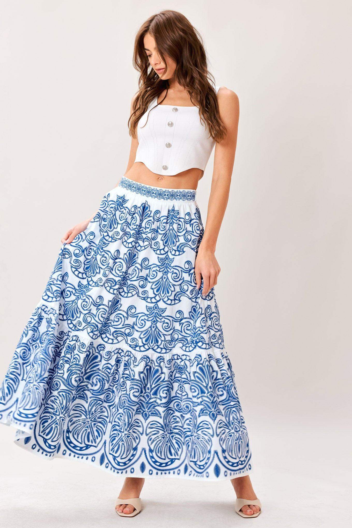 AZURE ORNATE WOVEN FULL MIDI SKIRT - Flying Tomato - Flyclothing LLC