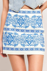 BLUE PORCELAIN WOVEN MINI SKIRT - Flying Tomato - Flyclothing LLC