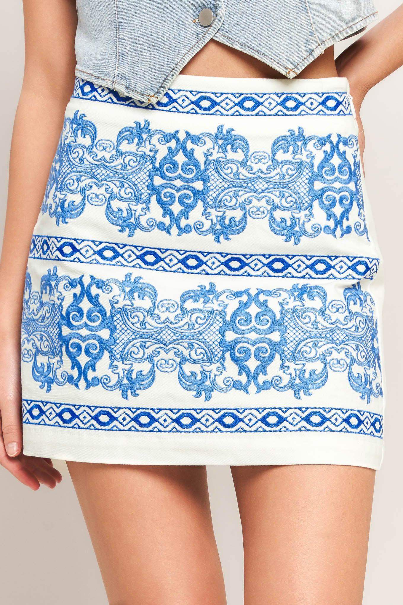BLUE PORCELAIN WOVEN MINI SKIRT - Flying Tomato - Flyclothing LLC