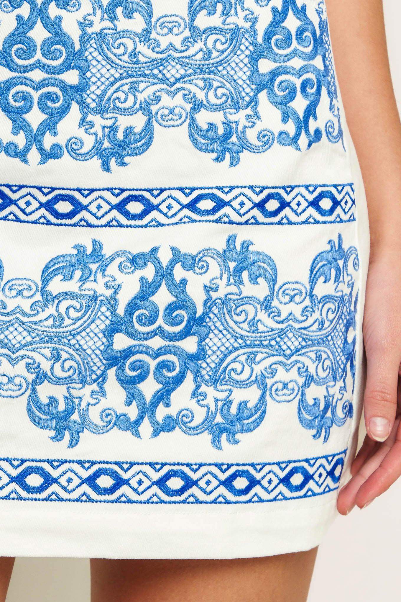 BLUE PORCELAIN WOVEN MINI SKIRT - Flying Tomato - Flyclothing LLC