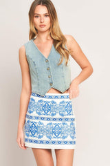 BLUE PORCELAIN WOVEN MINI SKIRT - Flying Tomato - Flyclothing LLC