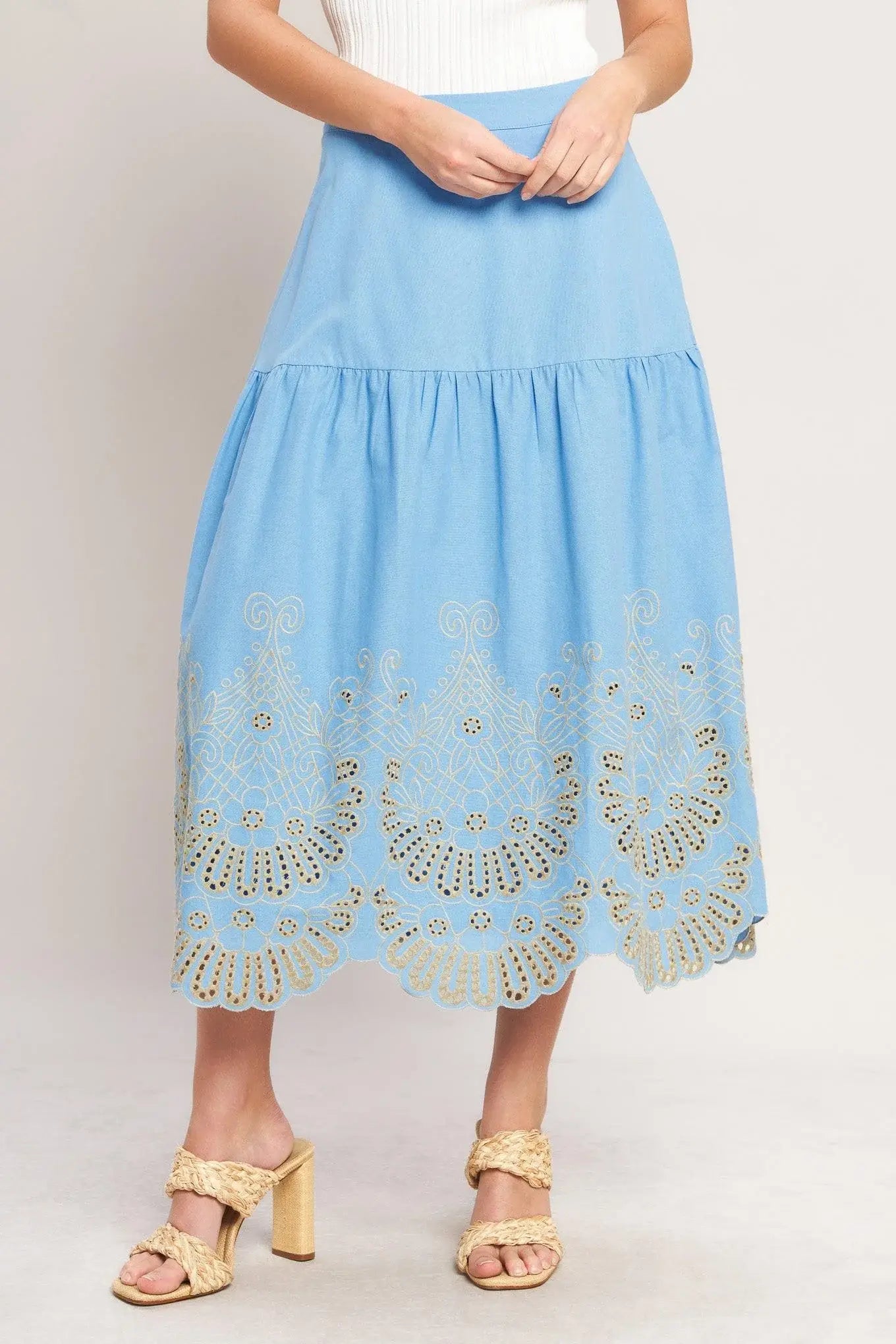 SKY BLOOM WOVEN EYELET MIDI SKIRT - Flying Tomato - Flyclothing LLC