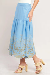 SKY BLOOM WOVEN EYELET MIDI SKIRT - Flying Tomato - Flyclothing LLC