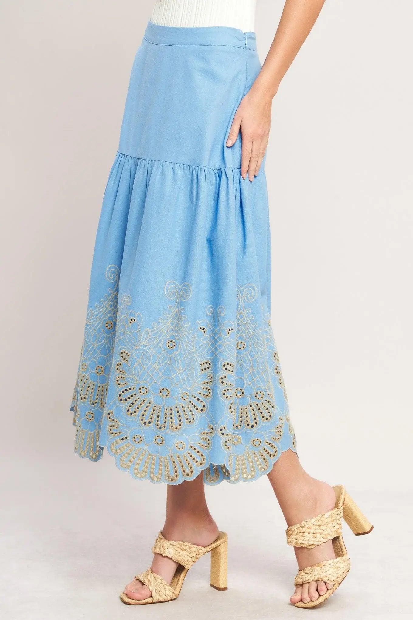SKY BLOOM WOVEN EYELET MIDI SKIRT - Flying Tomato - Flyclothing LLC