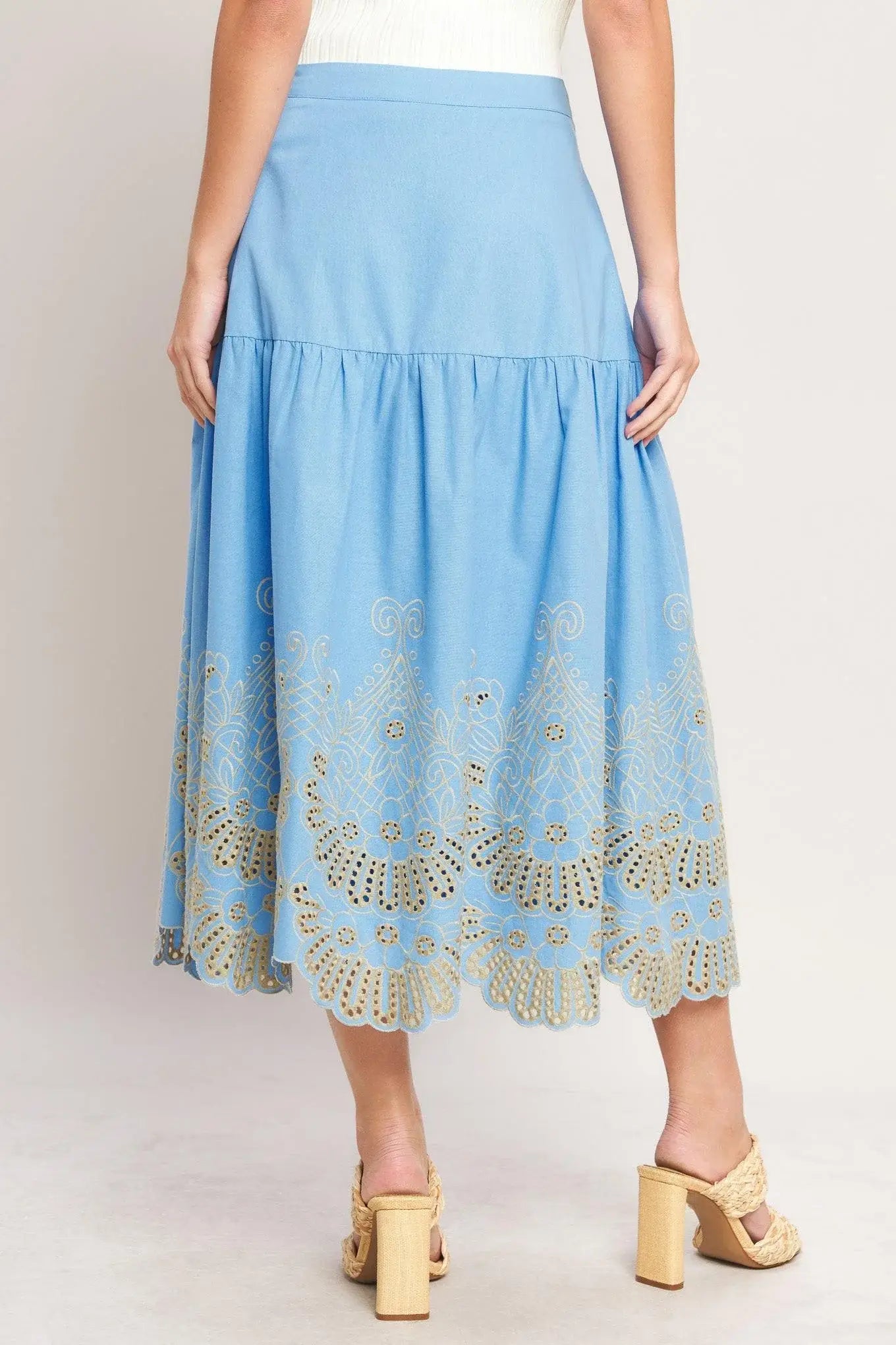 SKY BLOOM WOVEN EYELET MIDI SKIRT - Flying Tomato - Flyclothing LLC