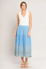 SKY BLOOM WOVEN EYELET MIDI SKIRT - Flying Tomato - Flyclothing LLC