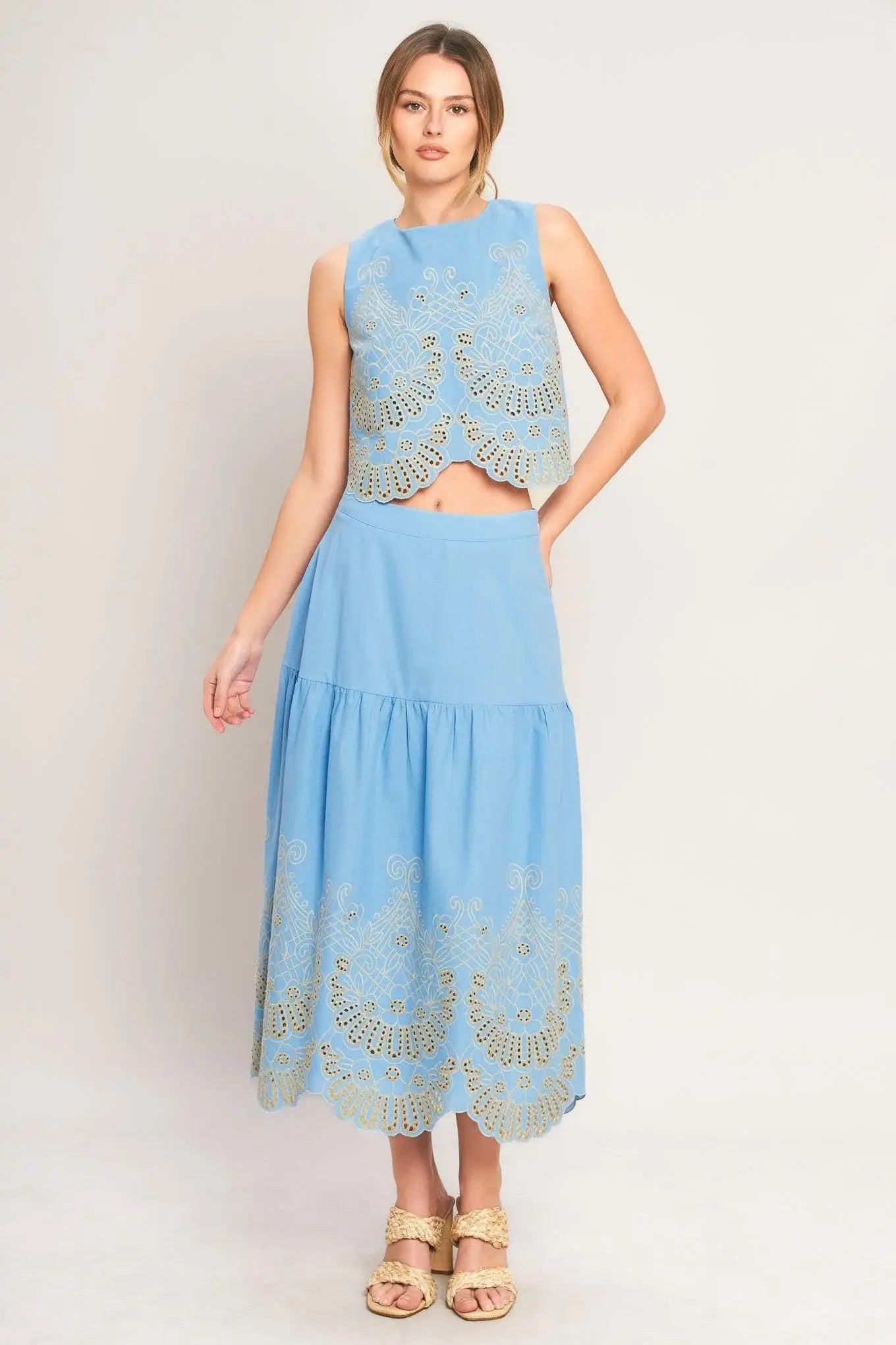 SKY BLOOM WOVEN EYELET MIDI SKIRT - Flying Tomato - Flyclothing LLC