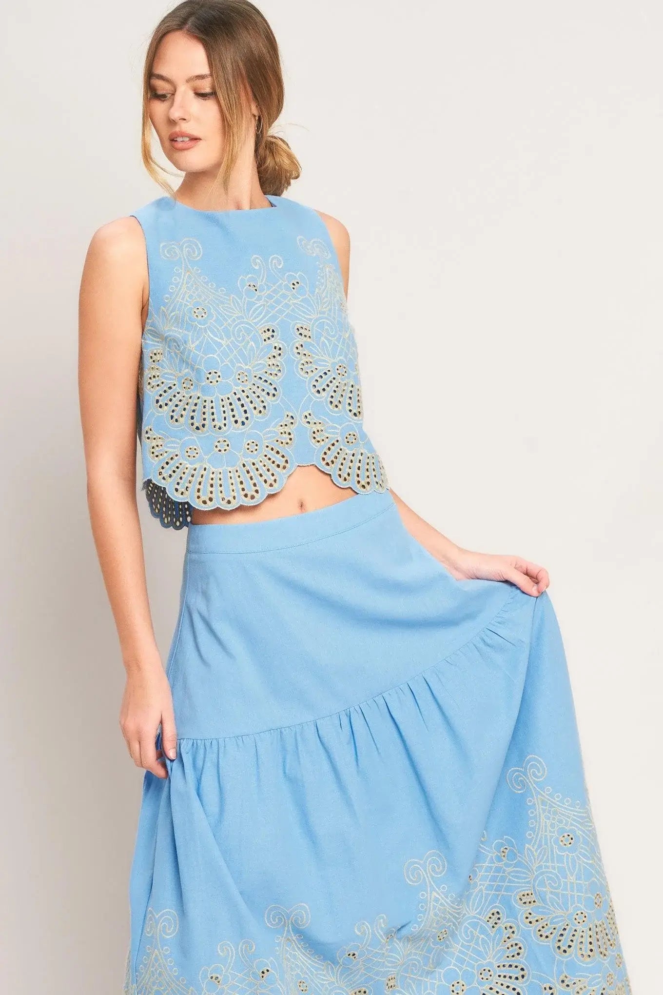 SKY BLOOM WOVEN EYELET MIDI SKIRT - Flying Tomato - Flyclothing LLC