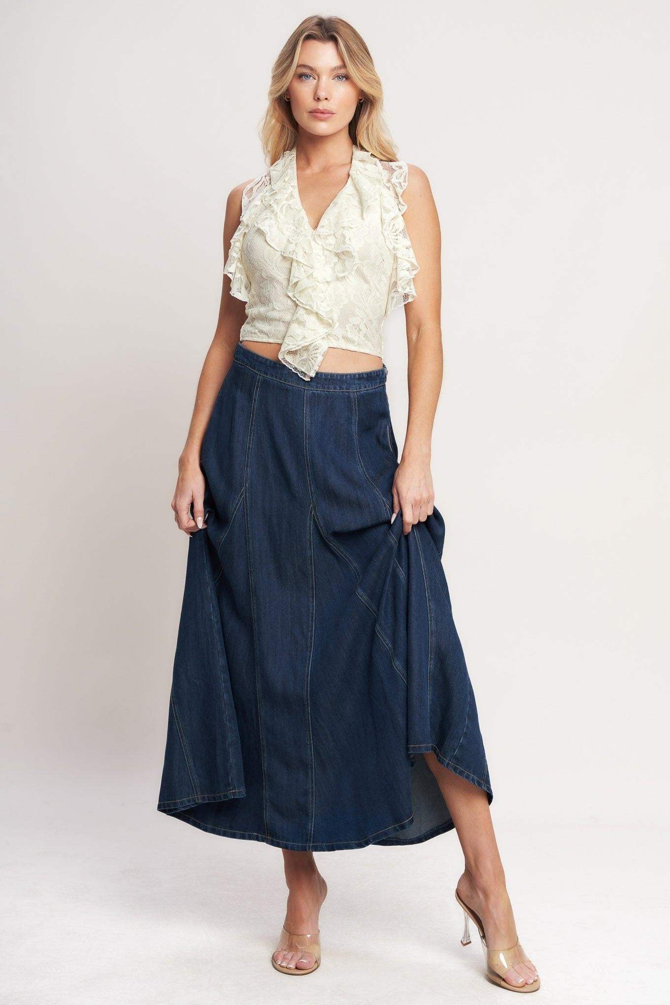 DENIM BALANCE WOVEN CIRCLE SKIRT - Flying Tomato - Flyclothing LLC