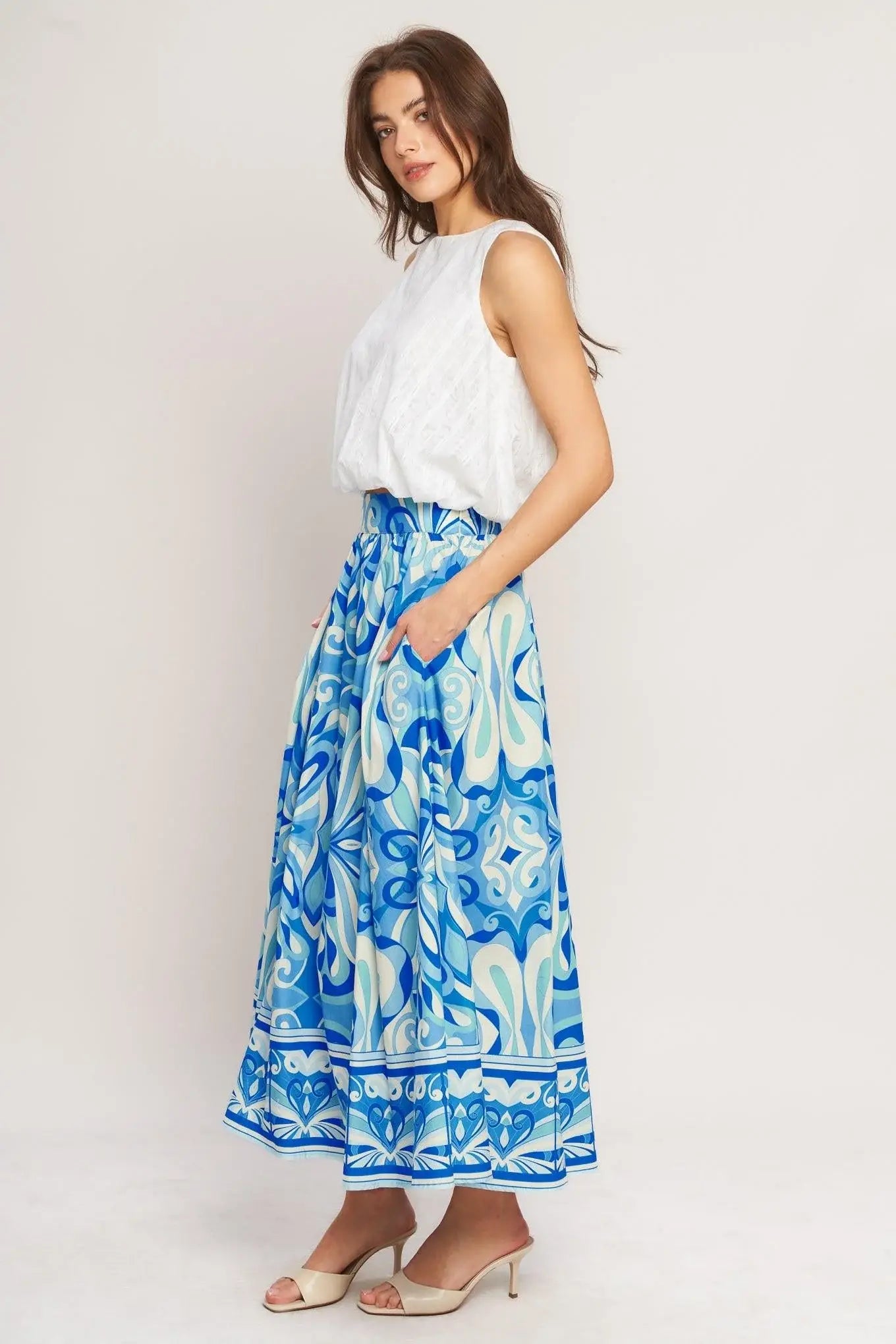 OCEAN WHIRL WOVEN FULL MIDI SKIRT - Flying Tomato - Flyclothing LLC