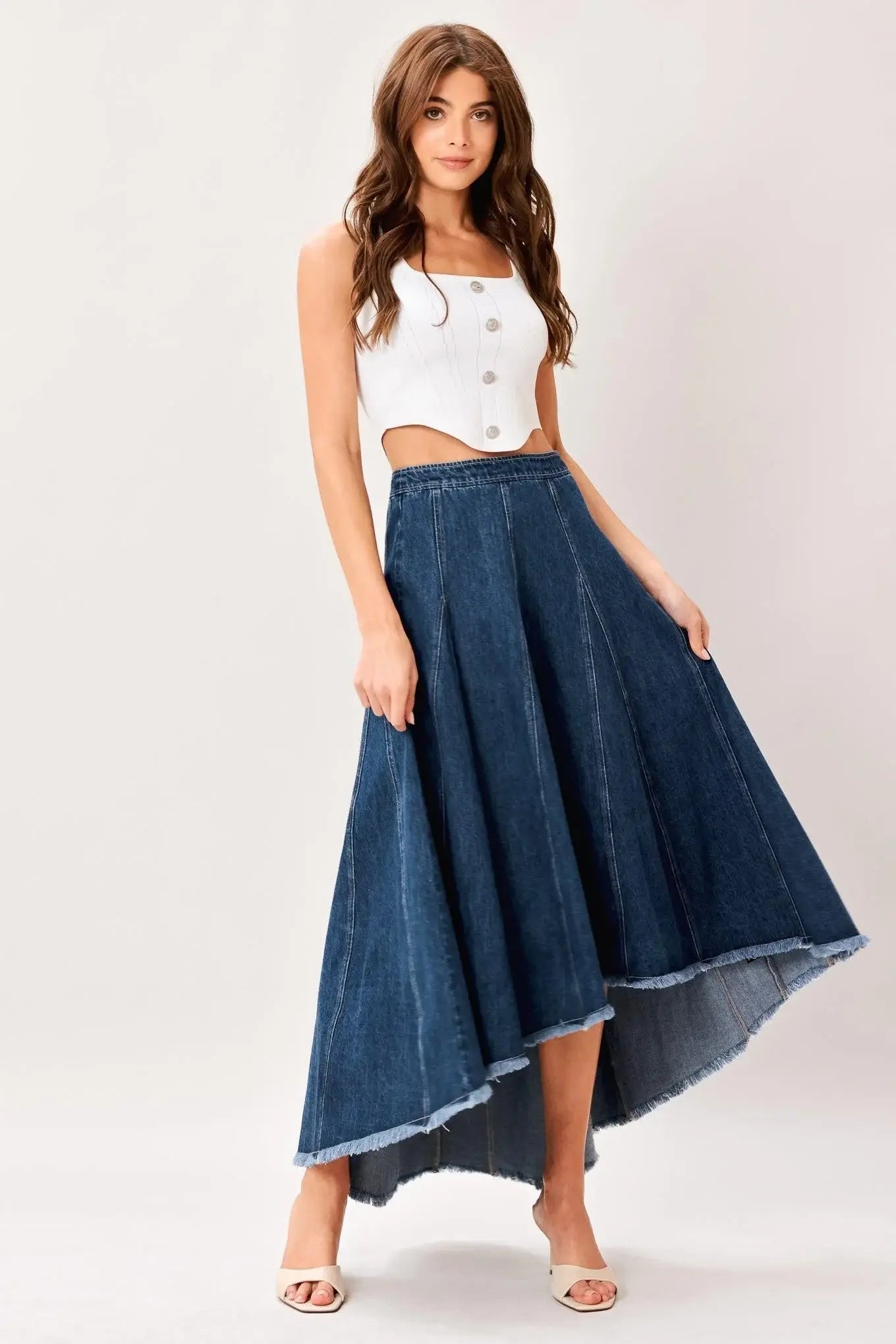 CITY SWING DENIM HI-LO MIDI CIRCLE SKIRT - Flying Tomato - Flyclothing LLC