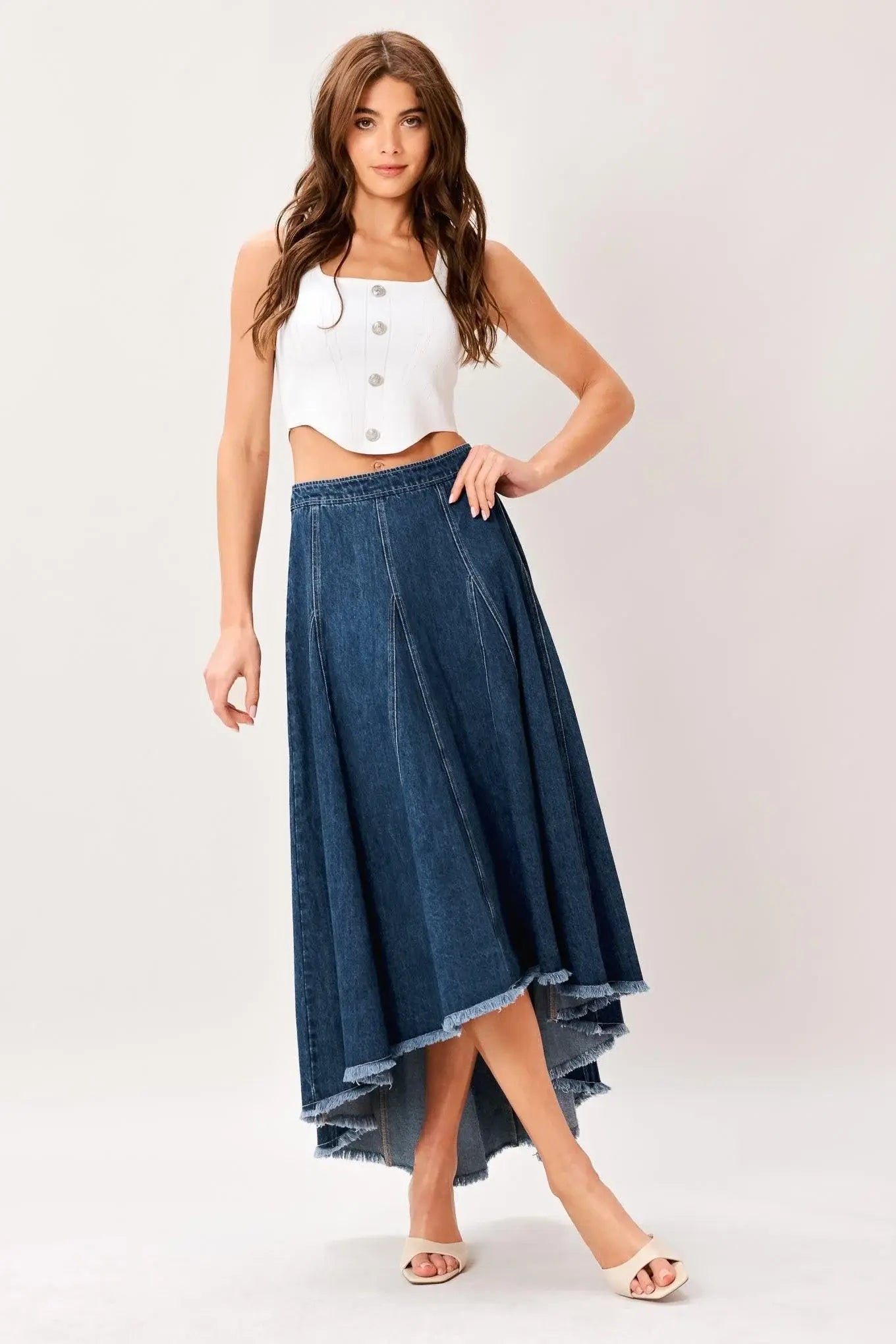 CITY SWING DENIM HI-LO MIDI CIRCLE SKIRT - Flying Tomato - Flyclothing LLC