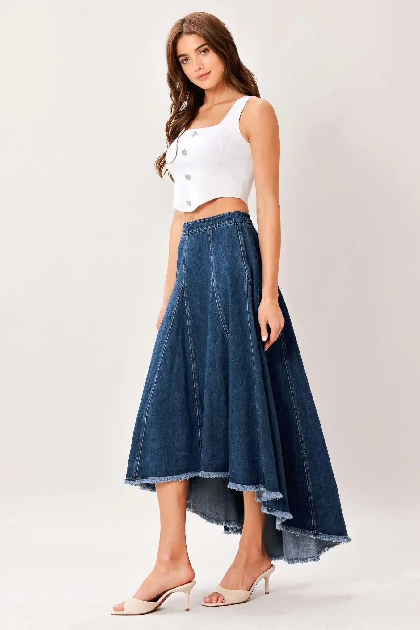 CITY SWING DENIM HI-LO MIDI CIRCLE SKIRT - Flying Tomato - Flyclothing LLC