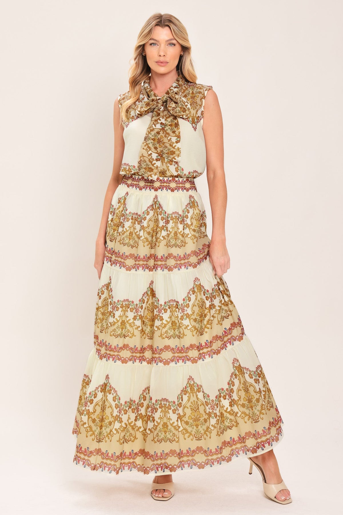 GILDED SCROLL PRINT WOVEN MAXI SKIRT - Flying Tomato - Flyclothing LLC