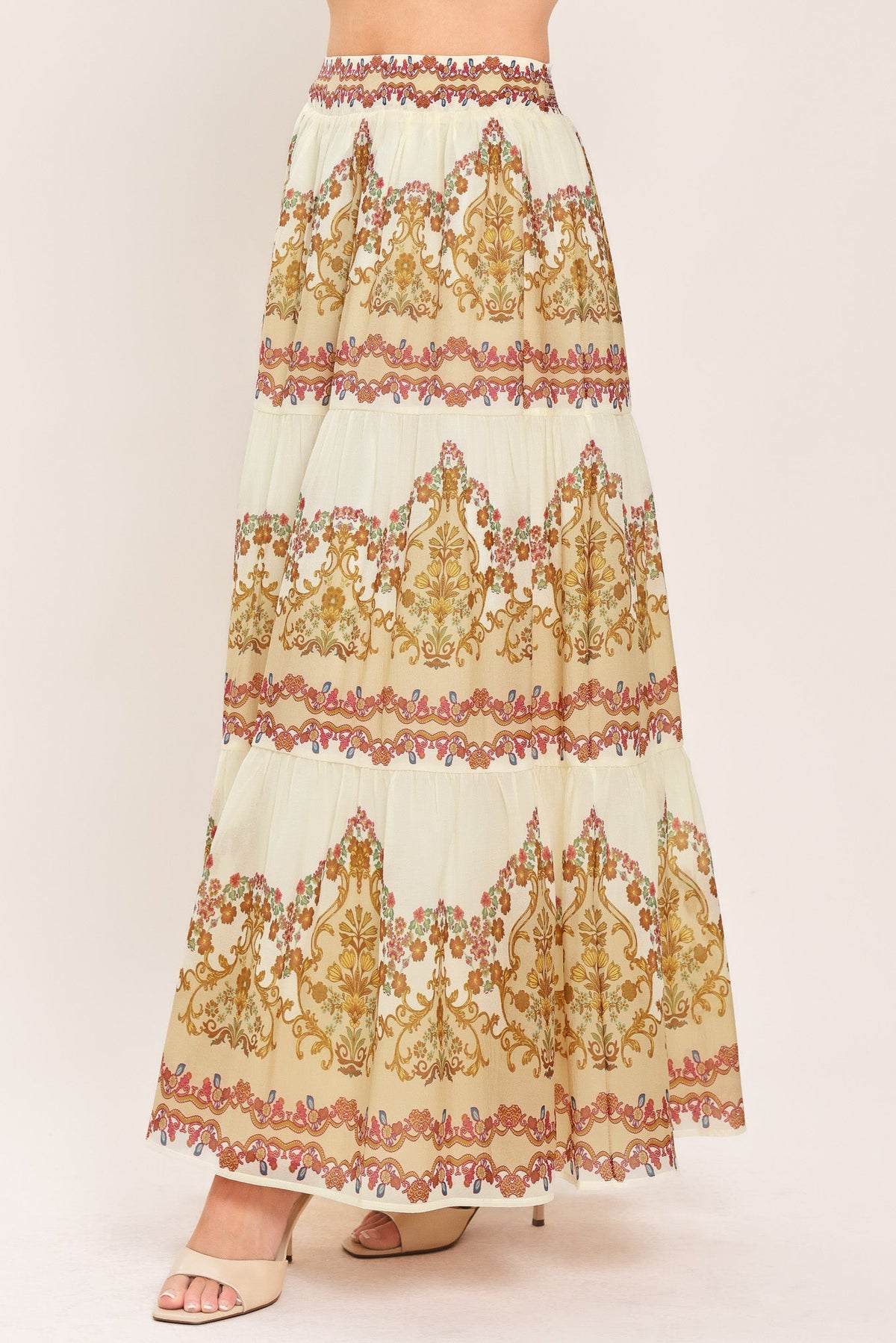 GILDED SCROLL PRINT WOVEN MAXI SKIRT - Flying Tomato - Flyclothing LLC