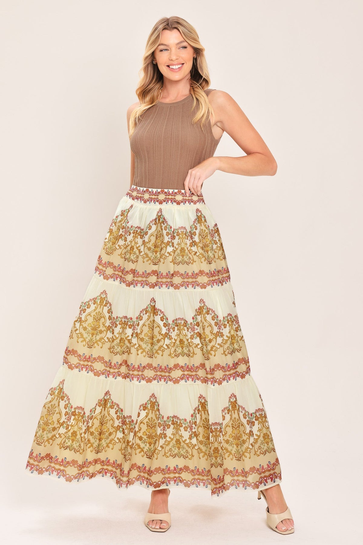 GILDED SCROLL PRINT WOVEN MAXI SKIRT - Flying Tomato - Flyclothing LLC