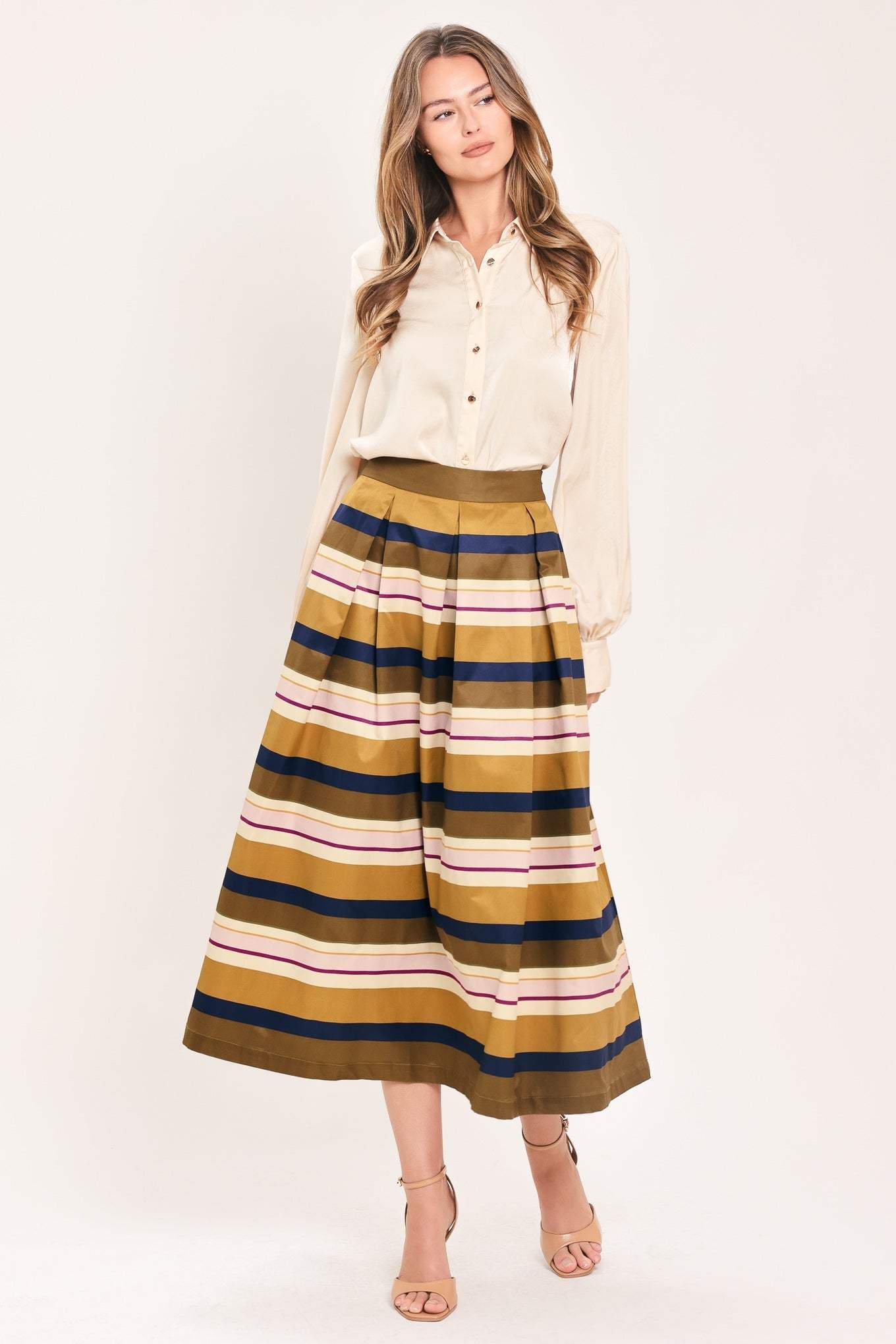 SAFFRON STRIPE WHISPER WOVEN FULL MIDI SKIRT