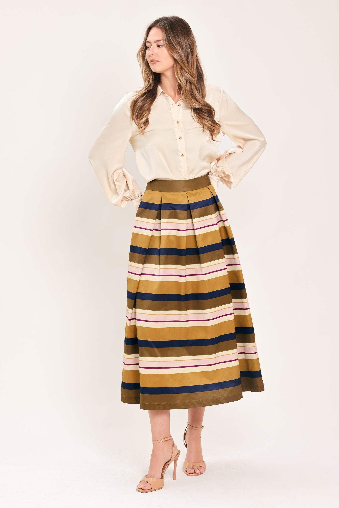 SAFFRON STRIPE WHISPER WOVEN FULL MIDI SKIRT