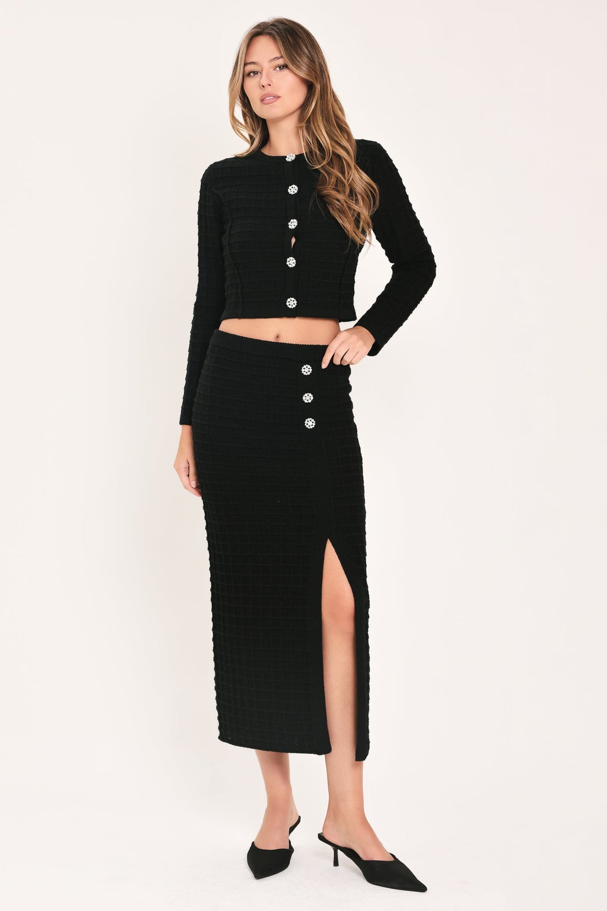 POLISHED MOMENT BLACK BUTTON-SLIT SWEATER MIDI SKIRT - Flying Tomato - Flyclothing LLC