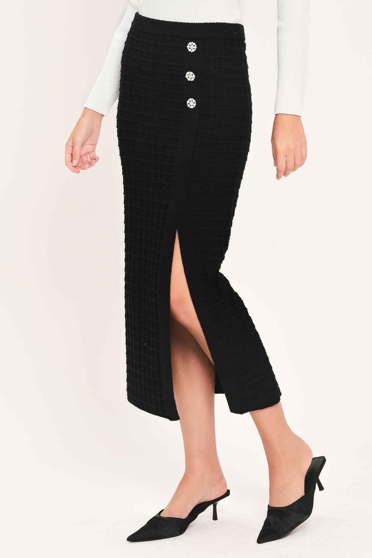 POLISHED MOMENT BLACK BUTTON-SLIT SWEATER MIDI SKIRT - Flying Tomato - Flyclothing LLC