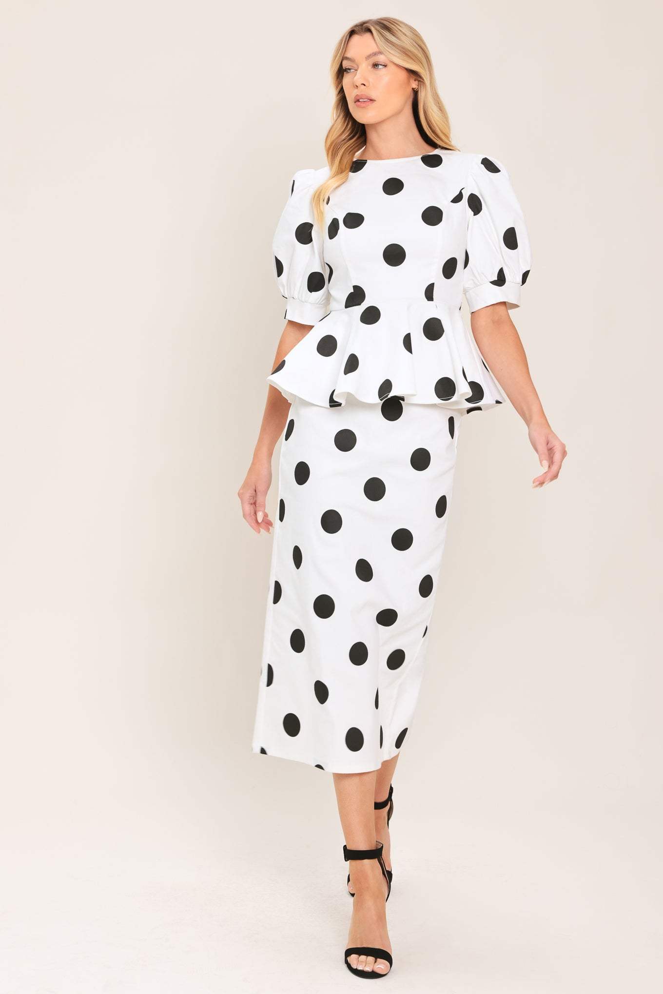 RETRO POLKA DOT WOVEN MIDI PENCIL SKIRT