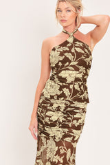 EARTHY FLORAL TEMPTATION POWER MESH MAXI SKIRT