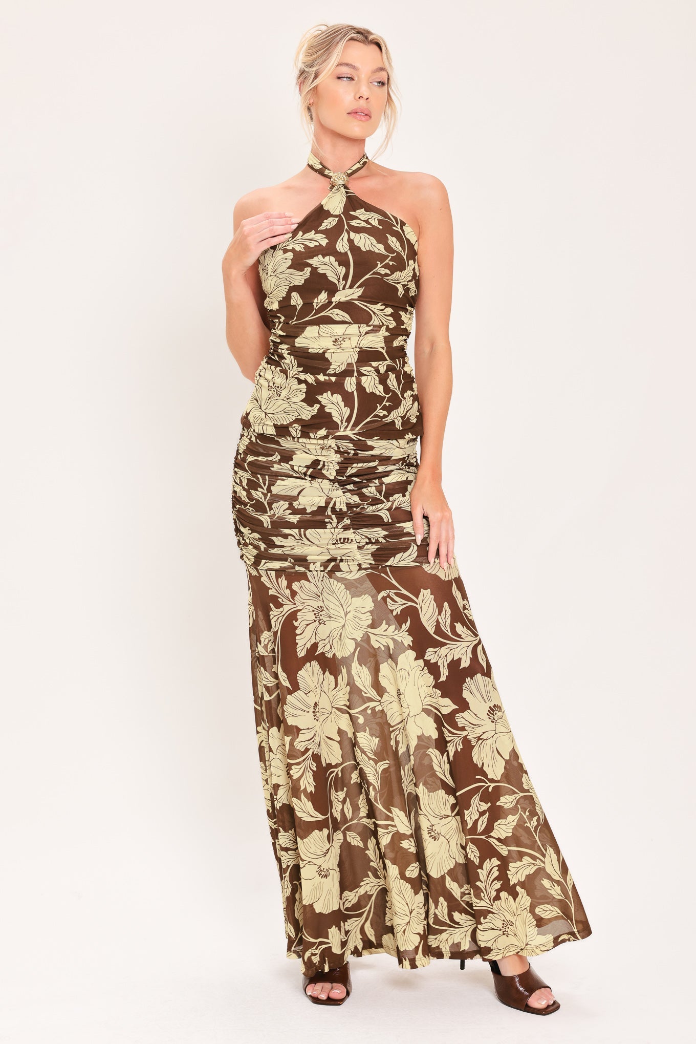 EARTHY FLORAL TEMPTATION POWER MESH MAXI SKIRT