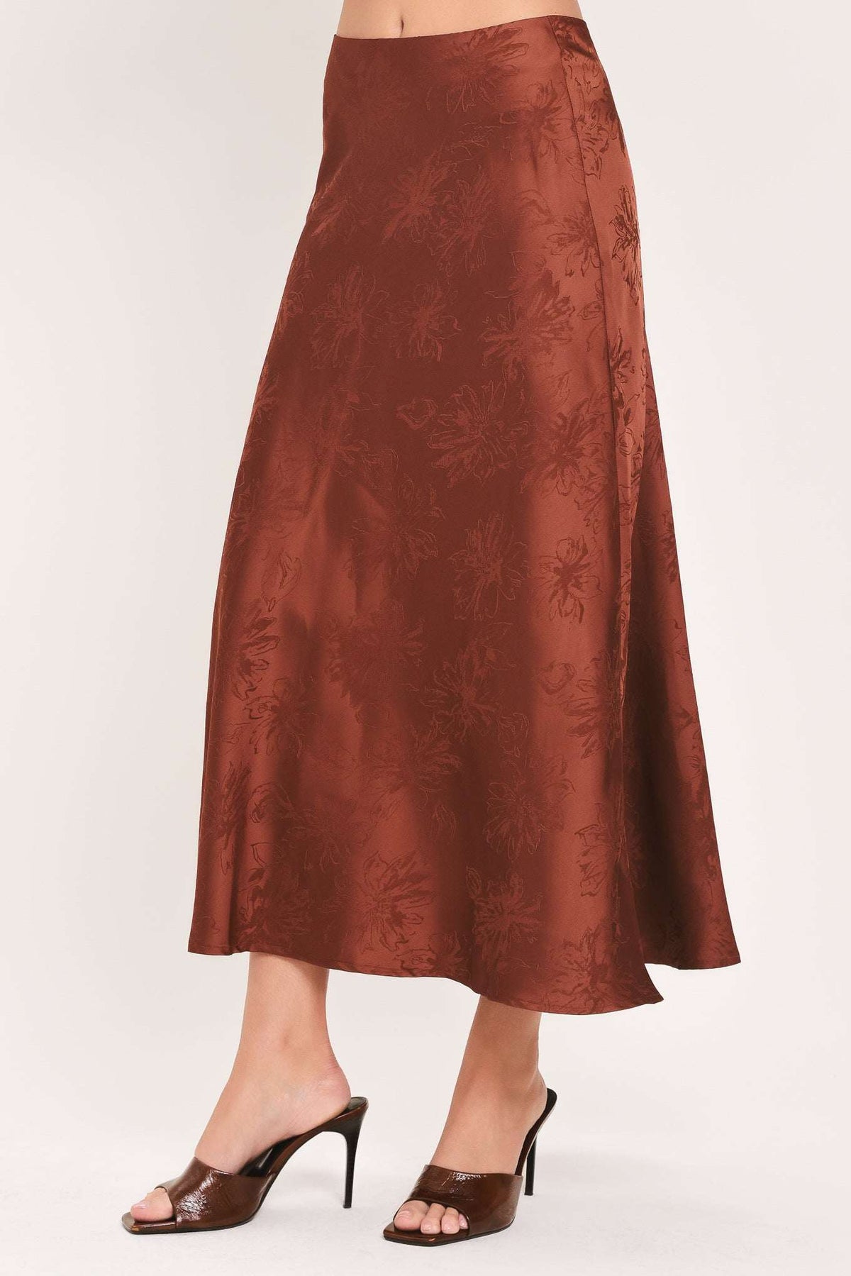 BURGUNDY DYNASTY JACQUARD SATIN MIDI SKIRT - Flying Tomato - Flyclothing LLC