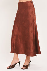 BURGUNDY DYNASTY JACQUARD SATIN MIDI SKIRT - Flying Tomato - Flyclothing LLC