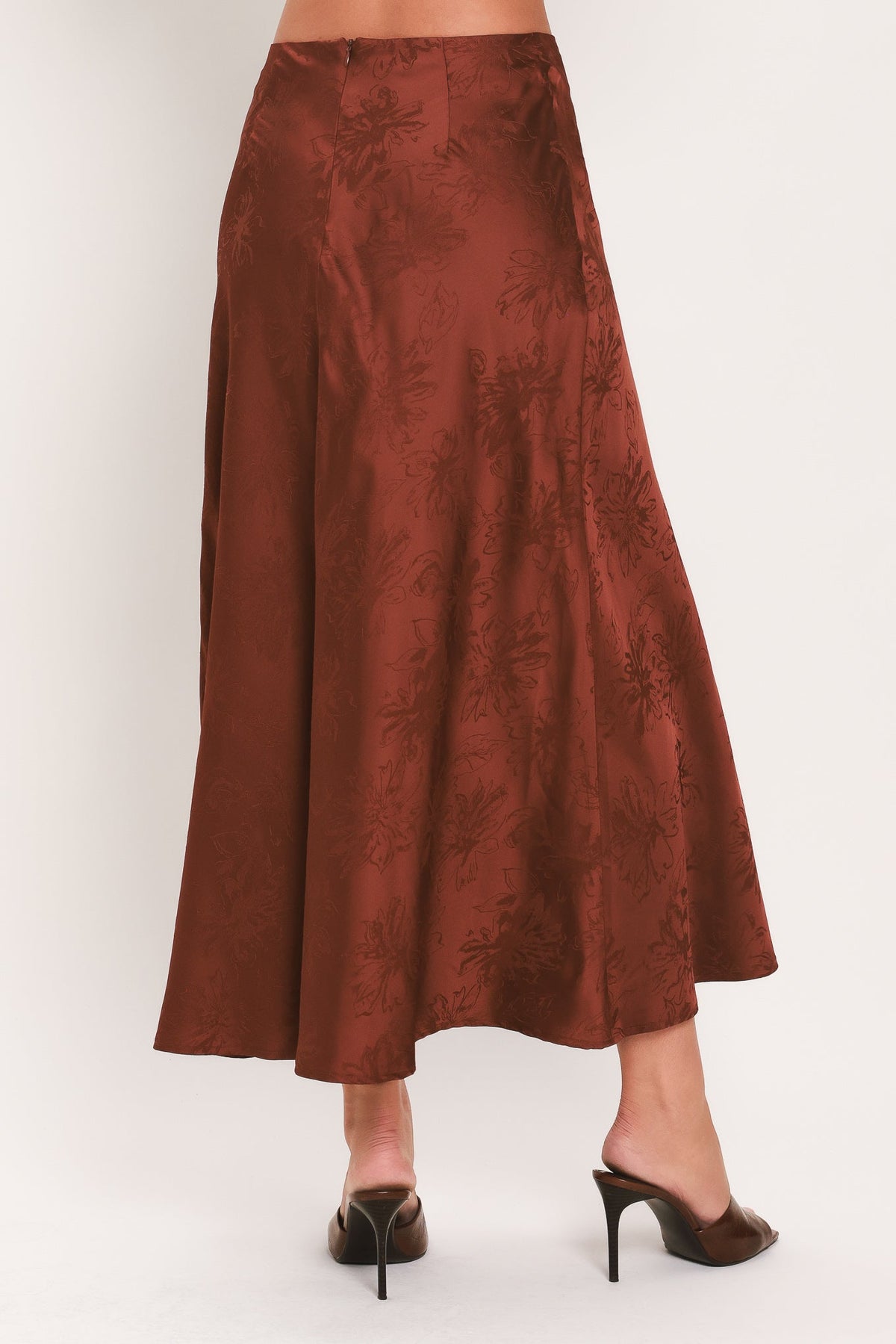 BURGUNDY DYNASTY JACQUARD SATIN MIDI SKIRT - Flying Tomato - Flyclothing LLC