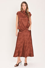 BURGUNDY DYNASTY JACQUARD SATIN MIDI SKIRT - Flying Tomato - Flyclothing LLC