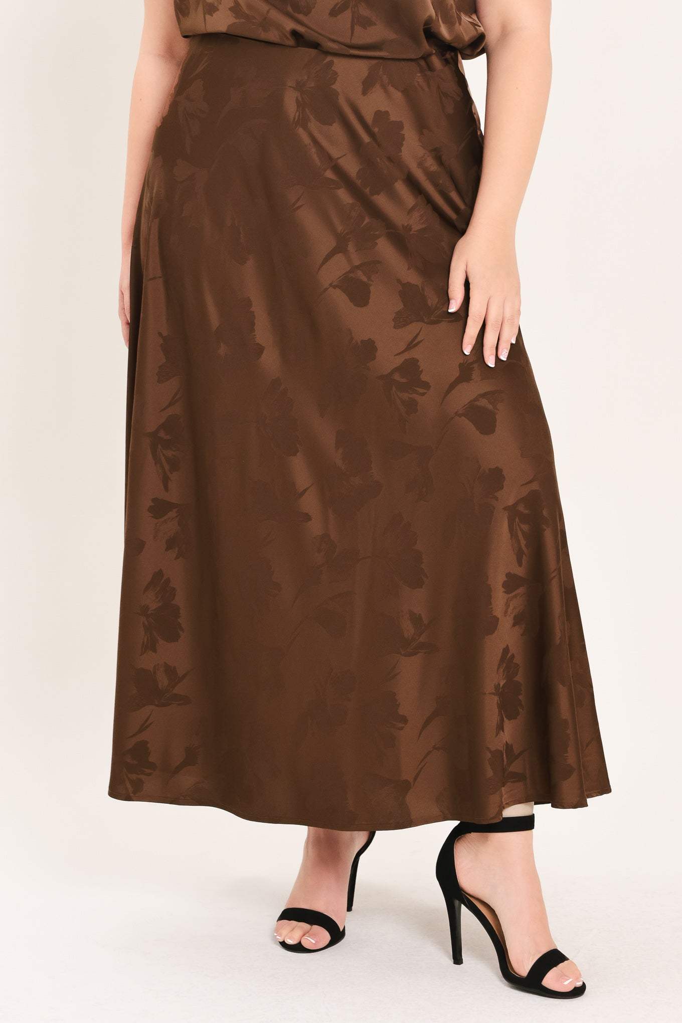 CHOCOLATE FLORAL WOVEN JACQUARD MIDI SKIRT - Flying Tomato - Flyclothing LLC