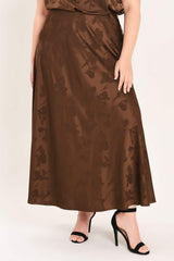 CHOCOLATE FLORAL WOVEN JACQUARD MIDI SKIRT - Flying Tomato - Flyclothing LLC
