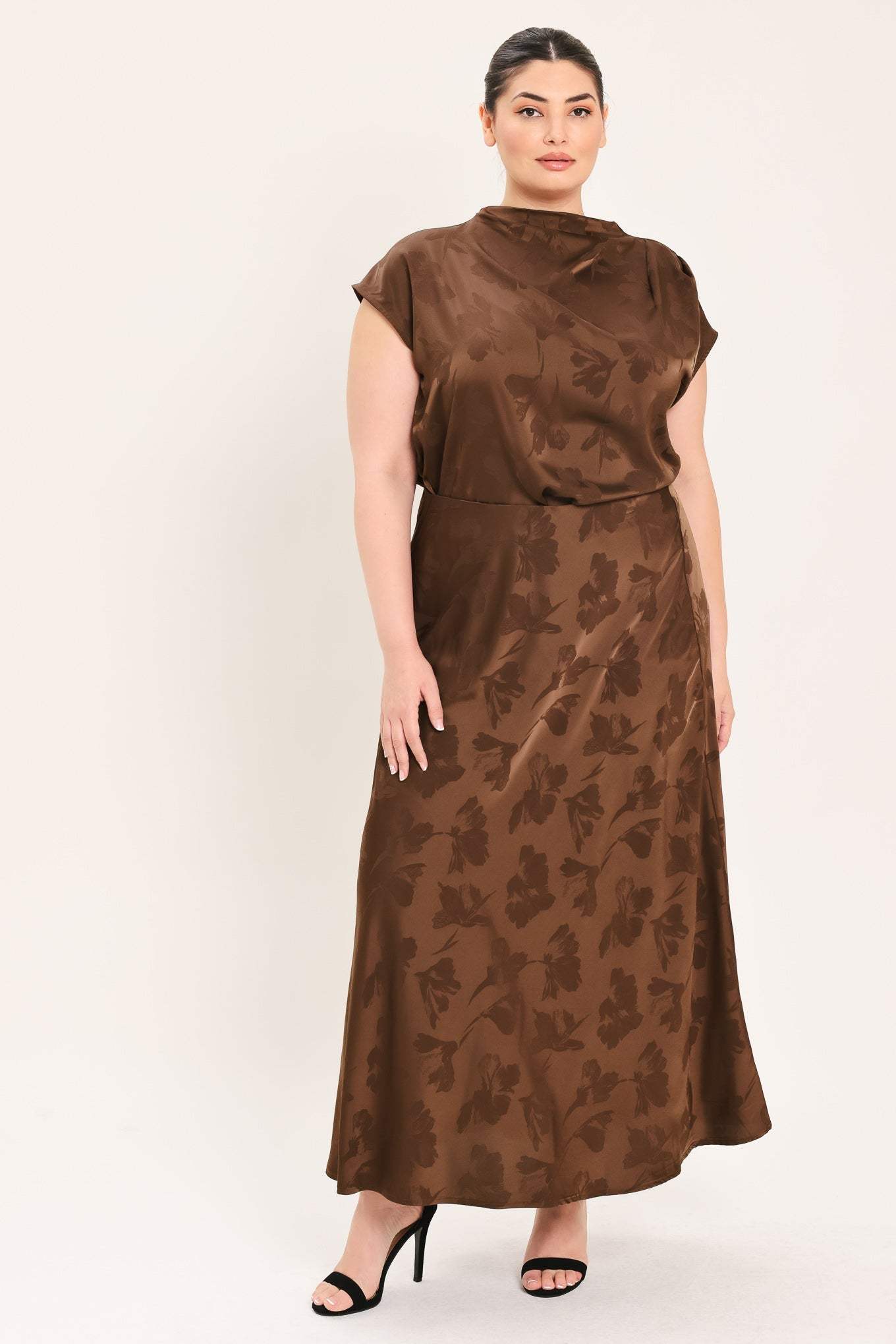 CHOCOLATE FLORAL WOVEN JACQUARD MIDI SKIRT - Flying Tomato - Flyclothing LLC